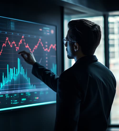 Professional pointing at a large screen with financial data
